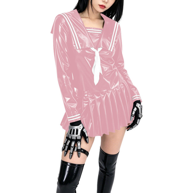 Shiny PVC Sailor Collar School Uniform 2 Piece Set Gothic Crop Top High Waist Pleated Mini Skirt Cosplay Lolita Anime Maid Dress