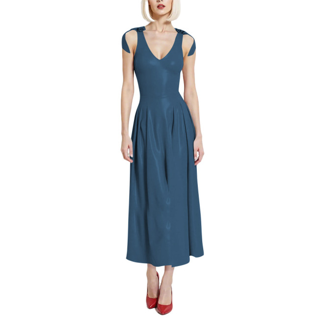 Preppy Style Glossy Smooth PVC A-line Dress Womens V-Neck Sleeveless Pleated Long Dress with Back Zipper Clubwear Party Vestidos