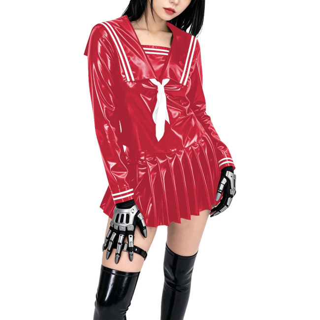 Shiny PVC Sailor Collar School Uniform 2 Piece Set Gothic Crop Top High Waist Pleated Mini Skirt Cosplay Lolita Anime Maid Dress