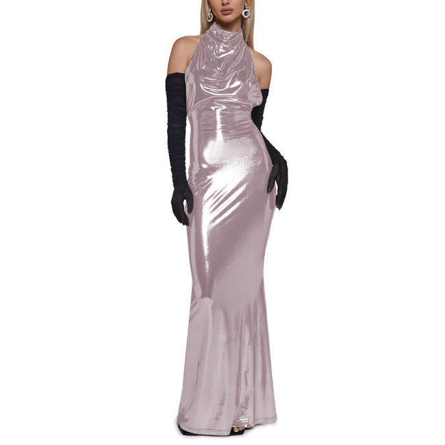 Chic Shiny Backless Halter Long Dress Elegant Ladies Floor Length Mermaid Dress Womens Clubwear Metallic Liquid Party Dresses