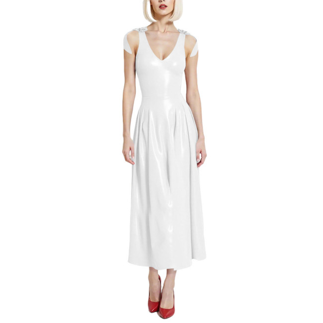 Preppy Style Glossy Smooth PVC A-line Dress Womens V-Neck Sleeveless Pleated Long Dress with Back Zipper Clubwear Party Vestidos