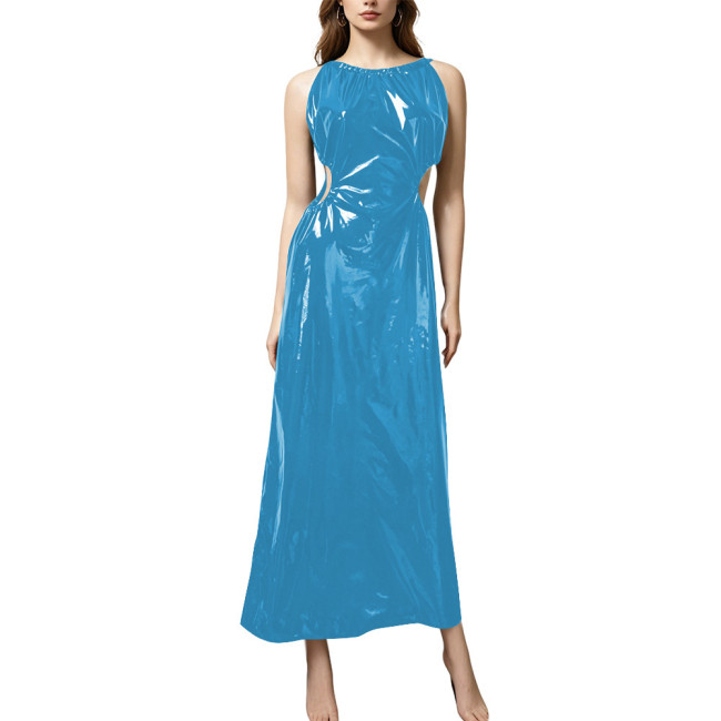 Plus Size Elegant PVC Halter Maxi Dress Women Sleeveless Cutout Waist Evening Gown Glossy Faux Leather Formal Party Sling Dress