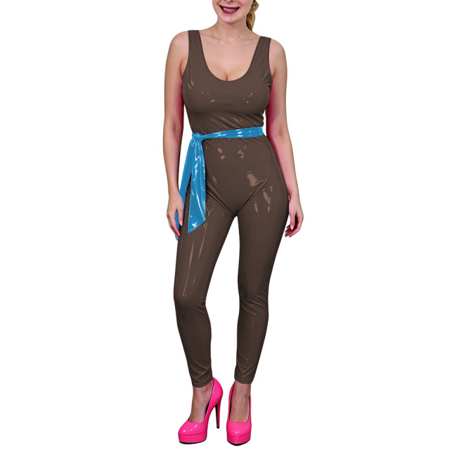 Women Low U-Neck Bodycon Catsuit with Belt Shiny PVC Leather Sleeveless Jumpsuit Wet Look Party Cosplay Outfits Fetish Bodysuit