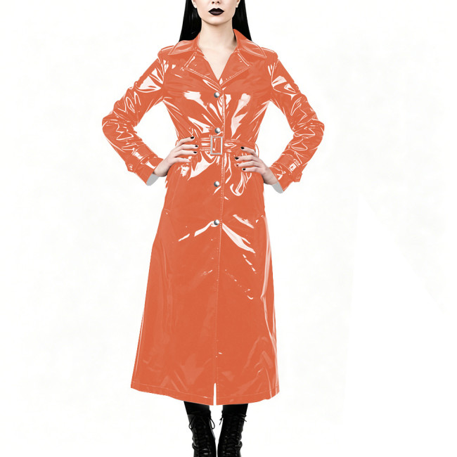 Chic High Street Glossy PVC Long Coat Womens Button-up Lapel Collar Belted Trench Coat Plus Size Outerwear for Nightclub Parties