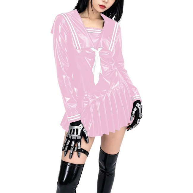 Shiny PVC Sailor Collar School Uniform 2 Piece Set Gothic Crop Top High Waist Pleated Mini Skirt Cosplay Lolita Anime Maid Dress