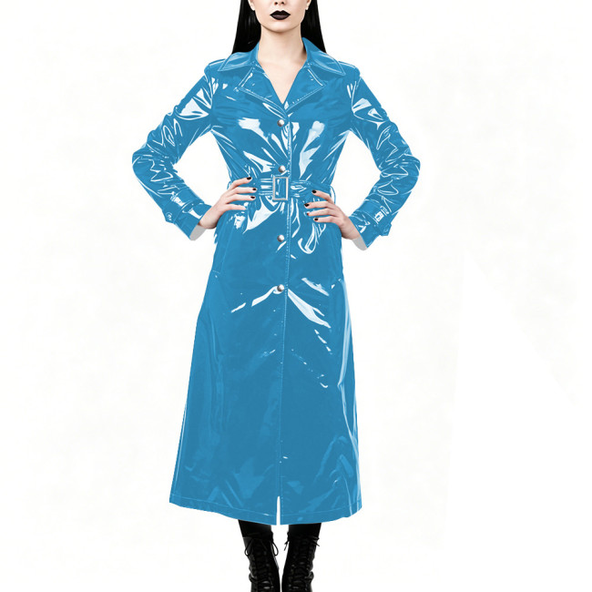 Chic High Street Glossy PVC Long Coat Womens Button-up Lapel Collar Belted Trench Coat Plus Size Outerwear for Nightclub Parties