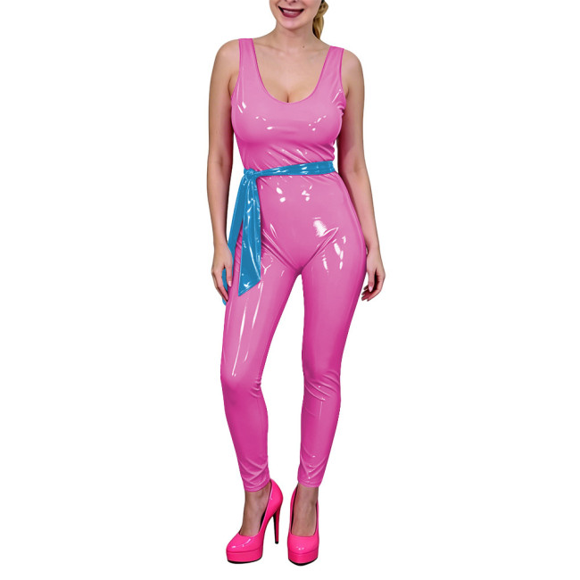 Women Low U-Neck Bodycon Catsuit with Belt Shiny PVC Leather Sleeveless Jumpsuit Wet Look Party Cosplay Outfits Fetish Bodysuit