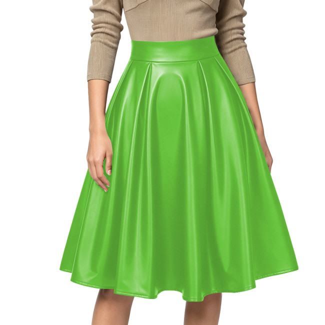 Women Sexy High Waist Party Matte PU Leather A-Line Midi Skirt Flared Skirt Office Back Zipper Casual Outfits Elegant Daily Wear