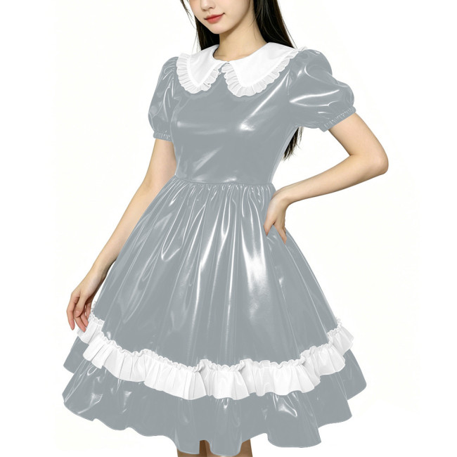 Shiny PVC Doll Collar Lolita Sweet Puff Sleeve Mini Princess Dress Gothic Flared Ruffle Skirt Cosplay Maid Dress Zipper Clubwear