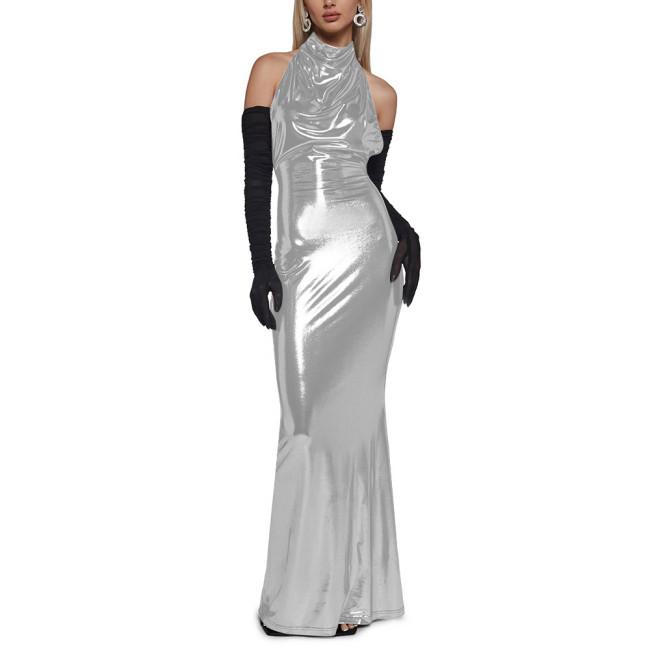 Chic Shiny Backless Halter Long Dress Elegant Ladies Floor Length Mermaid Dress Womens Clubwear Metallic Liquid Party Dresses