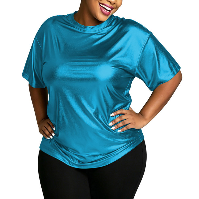 Plus Size Metallic Shiny Loose T-shirt Women Fashion Casual Short Sleeve Solid Color Tops Club Dance Party Round Neck Tee Shirts