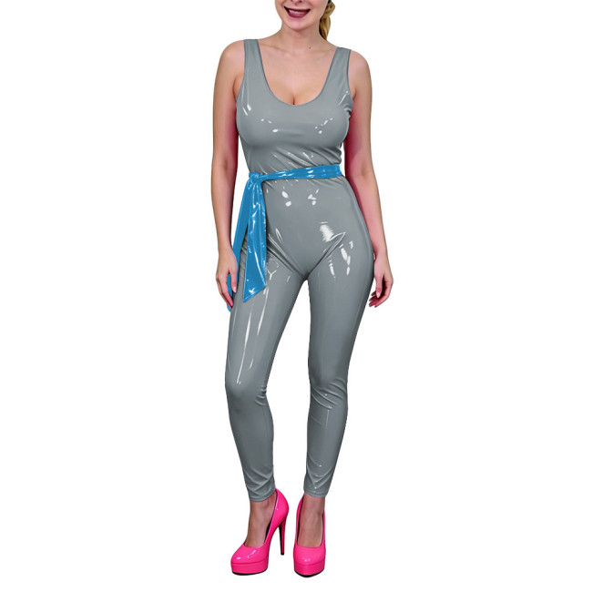 Women Low U-Neck Bodycon Catsuit with Belt Shiny PVC Leather Sleeveless Jumpsuit Wet Look Party Cosplay Outfits Fetish Bodysuit