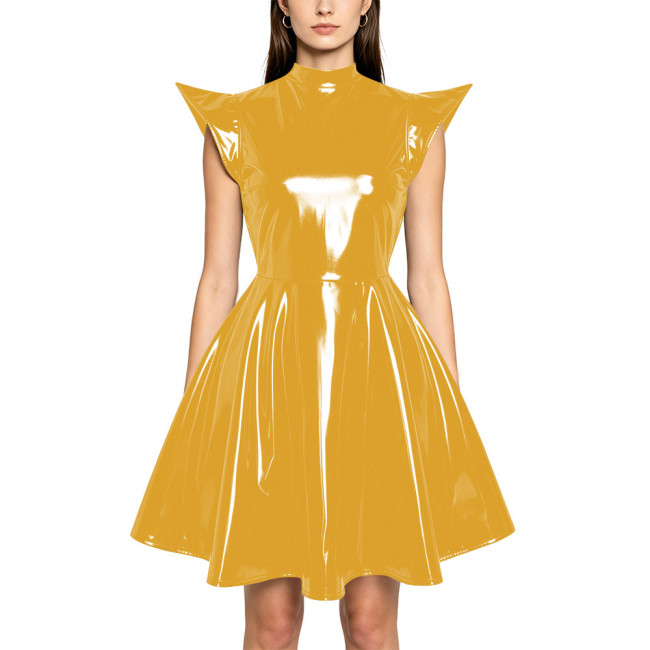 Plus Size Party Glossy Mini Dress Womens PVC Mock Neck High Waist Flared Dress with Back Zipper Wetlook Themed Cosplay Outfit