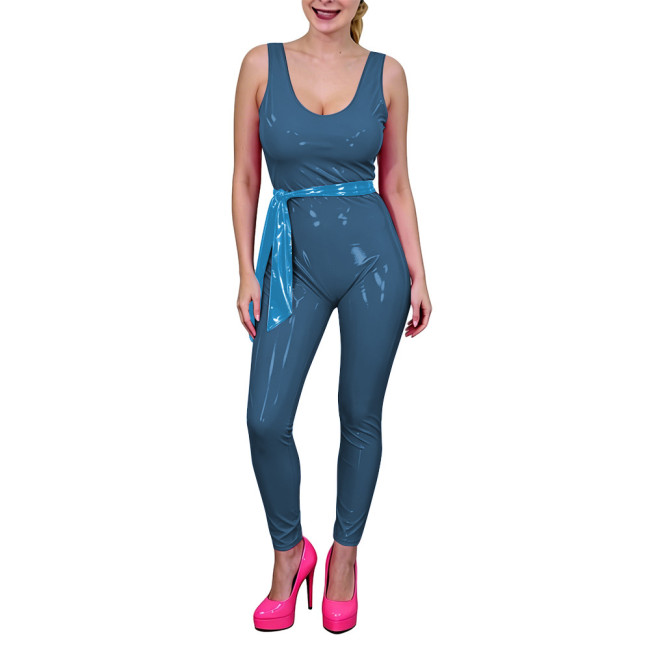 Women Low U-Neck Bodycon Catsuit with Belt Shiny PVC Leather Sleeveless Jumpsuit Wet Look Party Cosplay Outfits Fetish Bodysuit