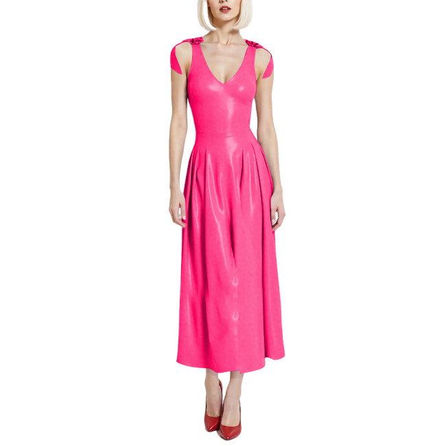 Preppy Style Glossy Smooth PVC A-line Dress Womens V-Neck Sleeveless Pleated Long Dress with Back Zipper Clubwear Party Vestidos