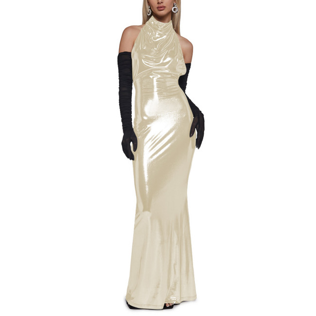 Chic Shiny Backless Halter Long Dress Elegant Ladies Floor Length Mermaid Dress Womens Clubwear Metallic Liquid Party Dresses
