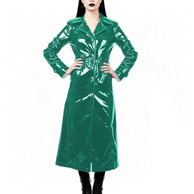 Chic High Street Glossy PVC Long Coat Womens Button-up Lapel Collar Belted Trench Coat Plus Size Outerwear for Nightclub Parties
