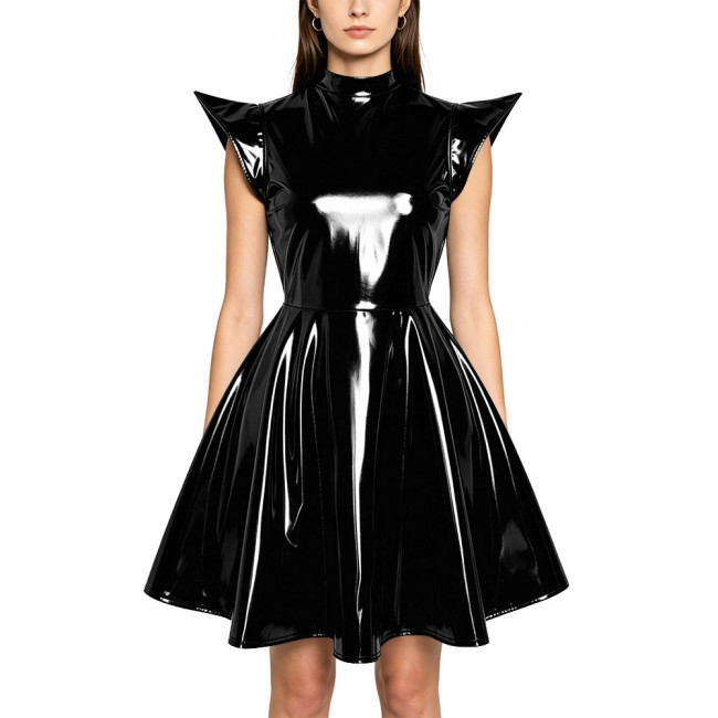 Plus Size Party Glossy Mini Dress Womens PVC Mock Neck High Waist Flared Dress with Back Zipper Wetlook Themed Cosplay Outfit