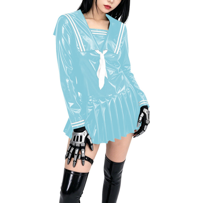 Shiny PVC Sailor Collar School Uniform 2 Piece Set Gothic Crop Top High Waist Pleated Mini Skirt Cosplay Lolita Anime Maid Dress