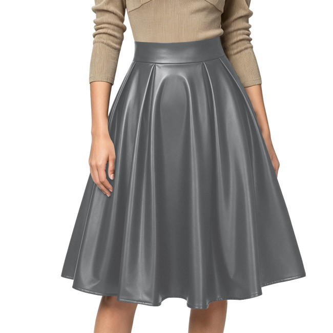 Women Sexy High Waist Party Matte PU Leather A-Line Midi Skirt Flared Skirt Office Back Zipper Casual Outfits Elegant Daily Wear