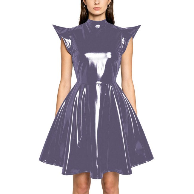 Plus Size Party Glossy Mini Dress Womens PVC Mock Neck High Waist Flared Dress with Back Zipper Wetlook Themed Cosplay Outfit