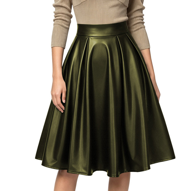 Women Sexy High Waist Party Matte PU Leather A-Line Midi Skirt Flared Skirt Office Back Zipper Casual Outfits Elegant Daily Wear