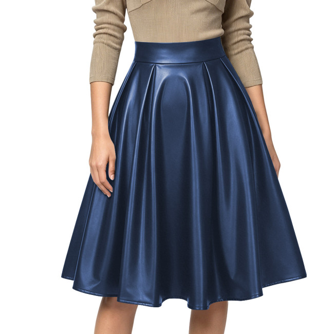 Women Sexy High Waist Party Matte PU Leather A-Line Midi Skirt Flared Skirt Office Back Zipper Casual Outfits Elegant Daily Wear