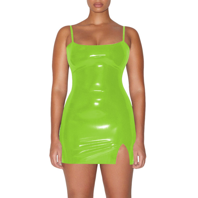 Plus Size Vinyl PVC Leather Spaghetti Straps Dress Women Bodycon Stretch Mini Dress Party Sexy Sleeveless Mini Dresses Clubwear