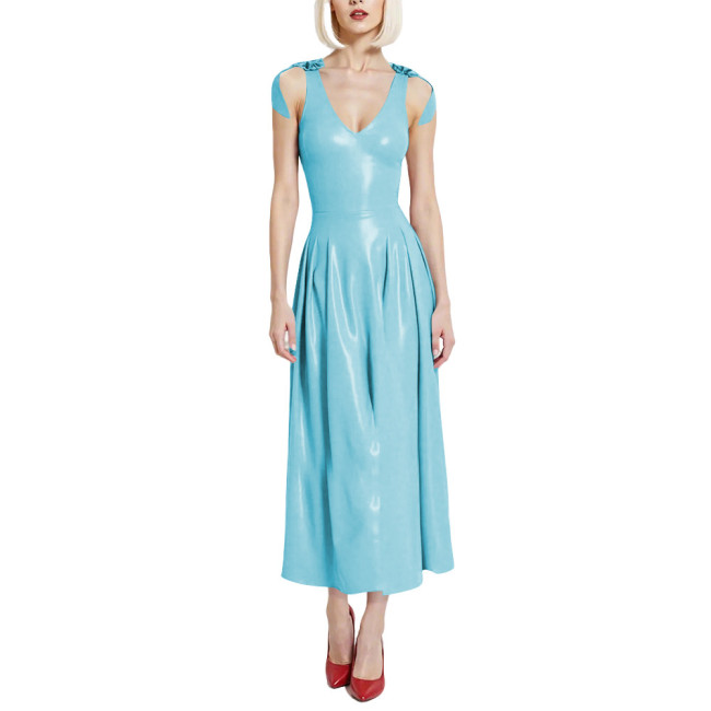Preppy Style Glossy Smooth PVC A-line Dress Womens V-Neck Sleeveless Pleated Long Dress with Back Zipper Clubwear Party Vestidos