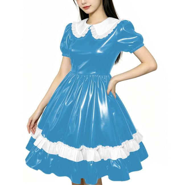 Shiny PVC Doll Collar Lolita Sweet Puff Sleeve Mini Princess Dress Gothic Flared Ruffle Skirt Cosplay Maid Dress Zipper Clubwear