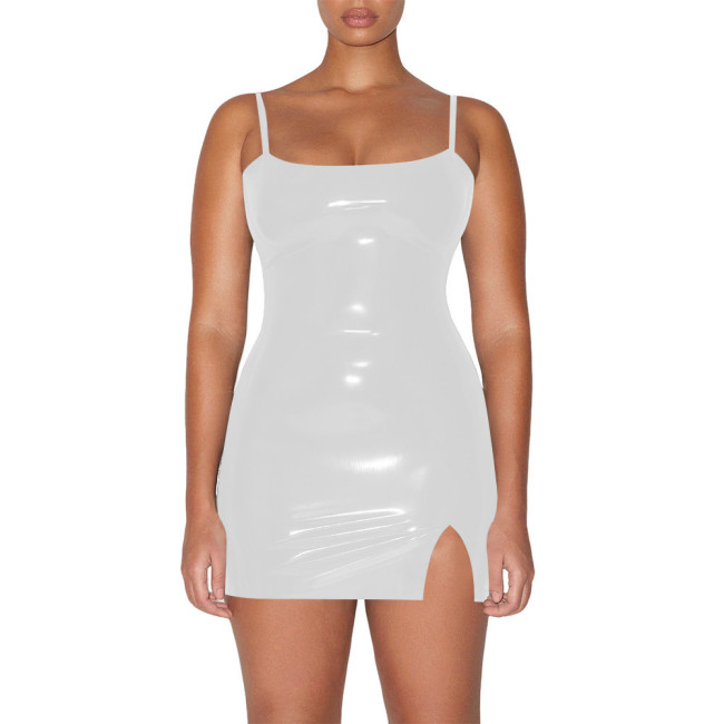Plus Size Vinyl PVC Leather Spaghetti Straps Dress Women Bodycon Stretch Mini Dress Party Sexy Sleeveless Mini Dresses Clubwear