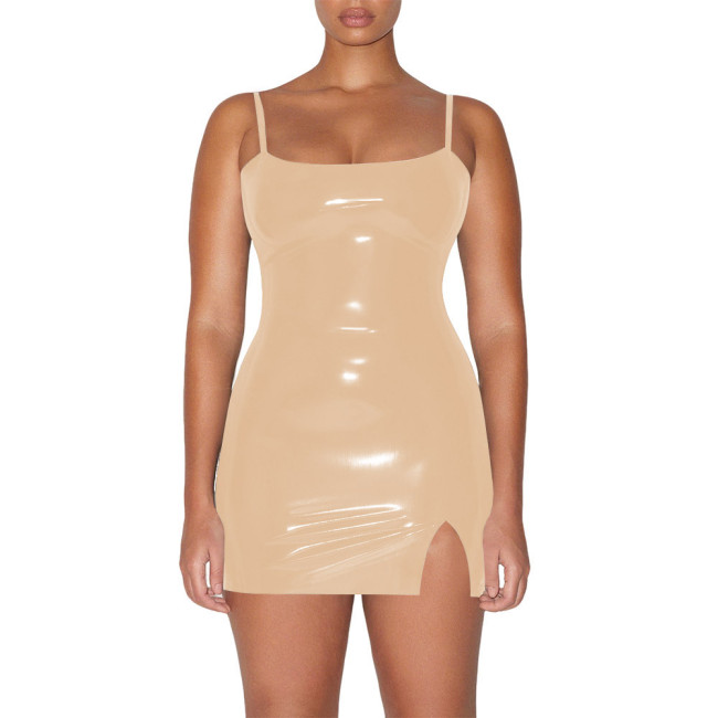 Plus Size Vinyl PVC Leather Spaghetti Straps Dress Women Bodycon Stretch Mini Dress Party Sexy Sleeveless Mini Dresses Clubwear