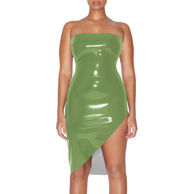 Plus Size Glossy High Street Tube Dress Sexy Strapless Irregular Bodycon Mid Dress for Nightclub Party Womens PVC Shiny Dresses