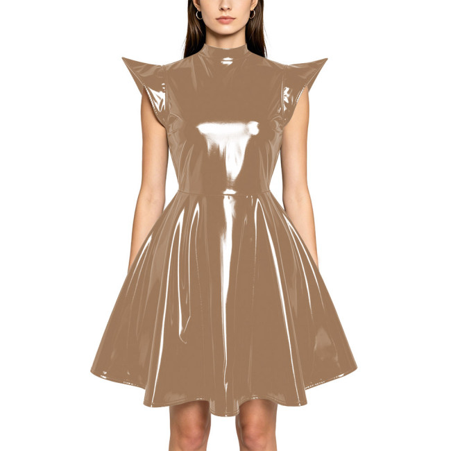 Plus Size Party Glossy Mini Dress Womens PVC Mock Neck High Waist Flared Dress with Back Zipper Wetlook Themed Cosplay Outfit