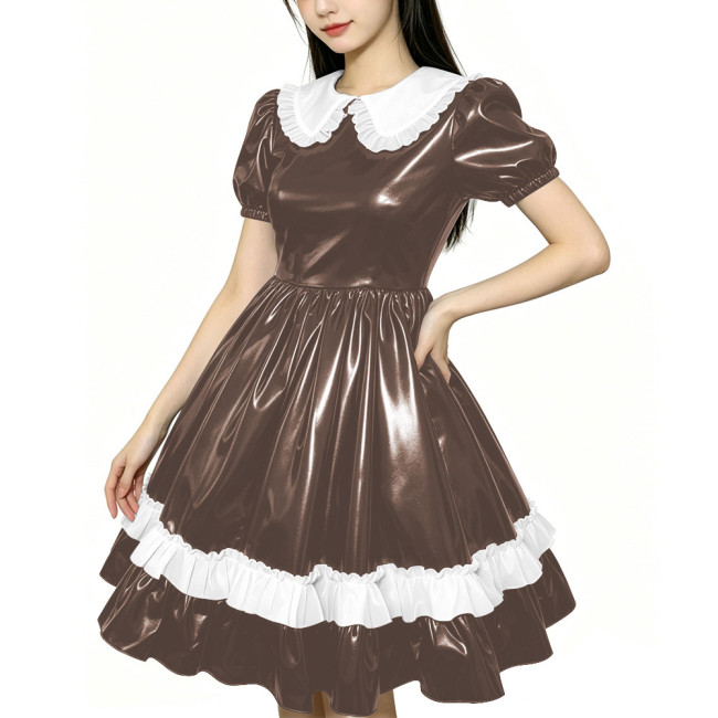Shiny PVC Doll Collar Lolita Sweet Puff Sleeve Mini Princess Dress Gothic Flared Ruffle Skirt Cosplay Maid Dress Zipper Clubwear