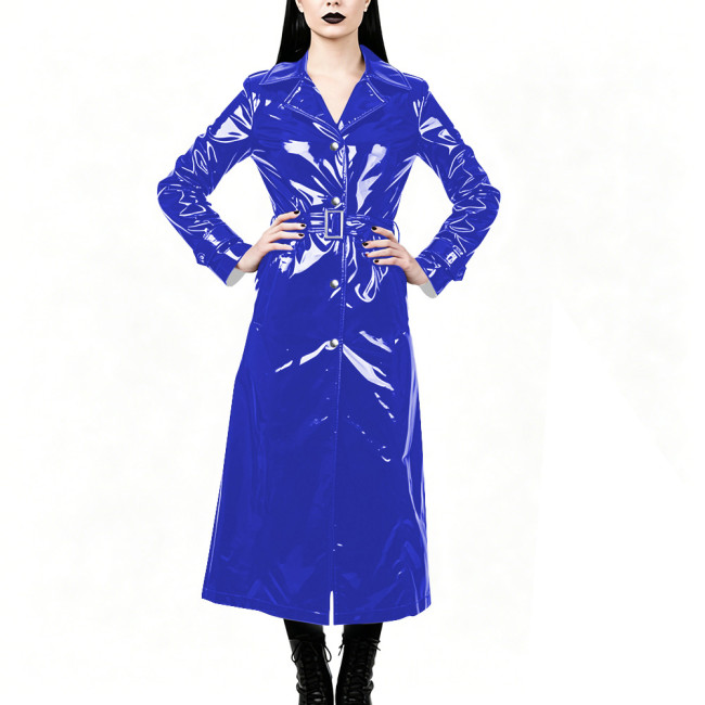 Chic High Street Glossy PVC Long Coat Womens Button-up Lapel Collar Belted Trench Coat Plus Size Outerwear for Nightclub Parties