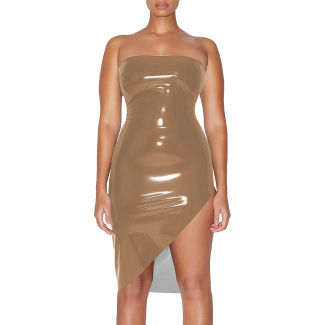 Plus Size Glossy High Street Tube Dress Sexy Strapless Irregular Bodycon Mid Dress for Nightclub Party Womens PVC Shiny Dresses