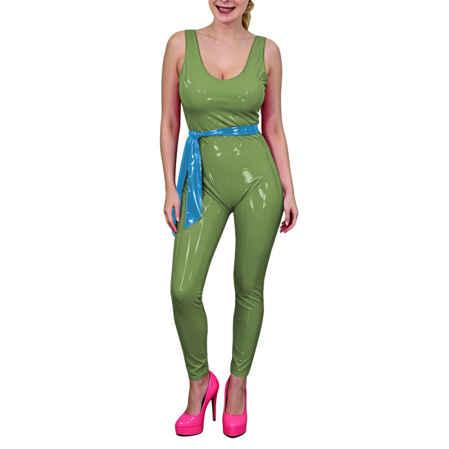 Women Low U-Neck Bodycon Catsuit with Belt Shiny PVC Leather Sleeveless Jumpsuit Wet Look Party Cosplay Outfits Fetish Bodysuit