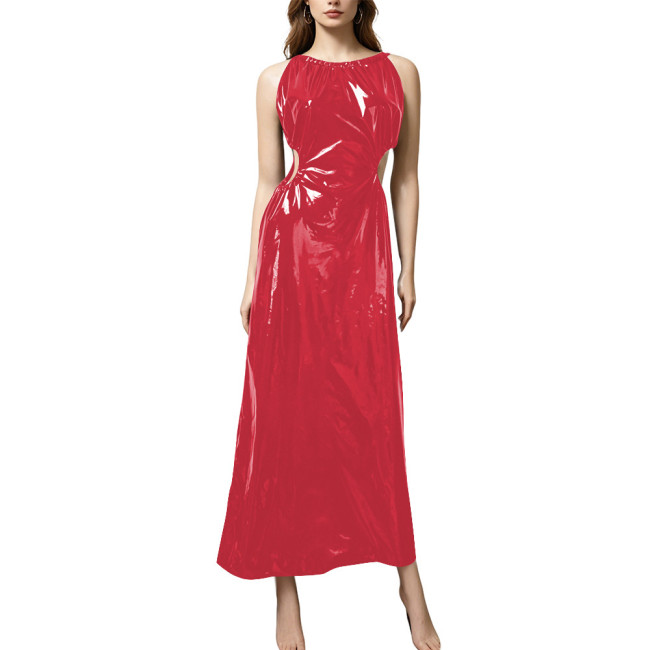 Plus Size Elegant PVC Halter Maxi Dress Women Sleeveless Cutout Waist Evening Gown Glossy Faux Leather Formal Party Sling Dress