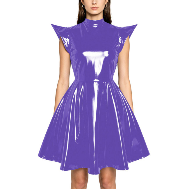Plus Size Party Glossy Mini Dress Womens PVC Mock Neck High Waist Flared Dress with Back Zipper Wetlook Themed Cosplay Outfit