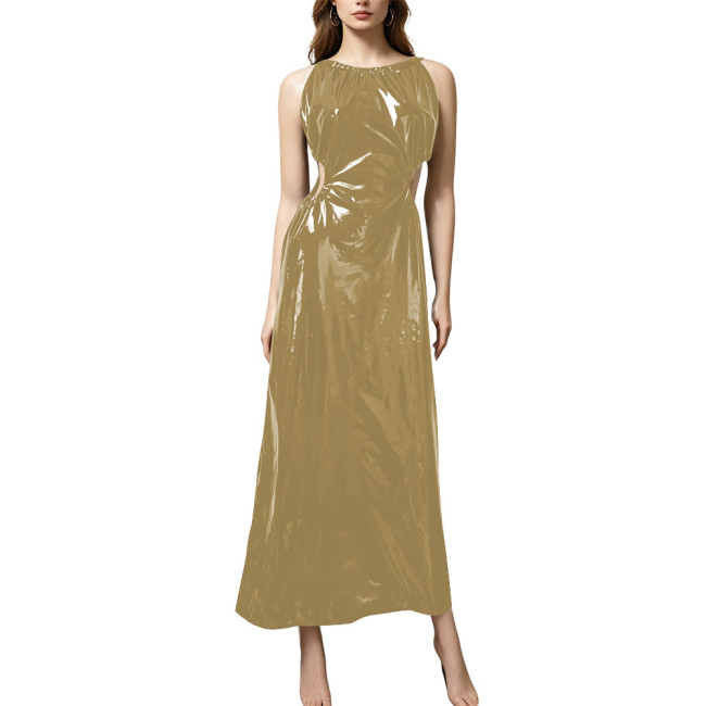 Plus Size Elegant PVC Halter Maxi Dress Women Sleeveless Cutout Waist Evening Gown Glossy Faux Leather Formal Party Sling Dress