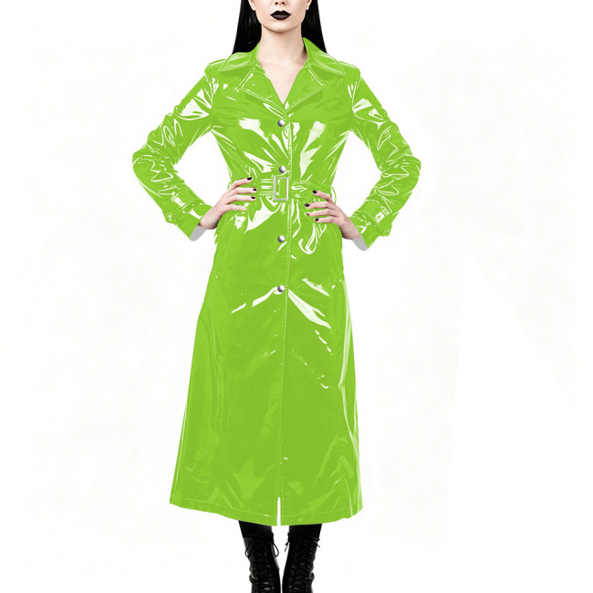 Chic High Street Glossy PVC Long Coat Womens Button-up Lapel Collar Belted Trench Coat Plus Size Outerwear for Nightclub Parties
