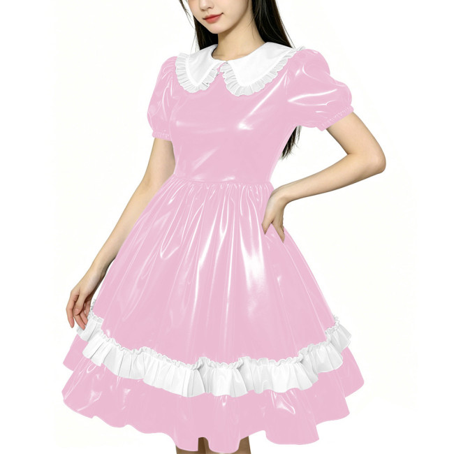 Shiny PVC Doll Collar Lolita Sweet Puff Sleeve Mini Princess Dress Gothic Flared Ruffle Skirt Cosplay Maid Dress Zipper Clubwear