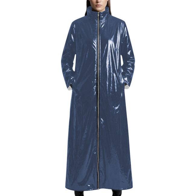 Plus Size Punk Solid Color PVC Shiny Long Coat Stand Collar Full Zip Oversized Trench Outerwear Vinyl Leather Coat Club Outfit