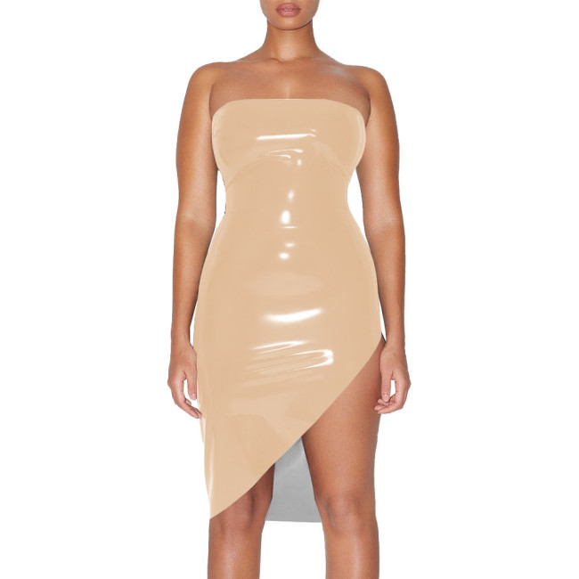 Plus Size Glossy High Street Tube Dress Sexy Strapless Irregular Bodycon Mid Dress for Nightclub Party Womens PVC Shiny Dresses