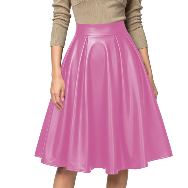 Women Sexy High Waist Party Matte PU Leather A-Line Midi Skirt Flared Skirt Office Back Zipper Casual Outfits Elegant Daily Wear