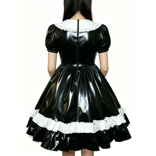 Shiny PVC Doll Collar Lolita Sweet Puff Sleeve Mini Princess Dress Gothic Flared Ruffle Skirt Cosplay Maid Dress Zipper Clubwear