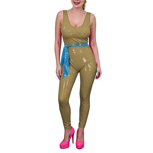 Women Low U-Neck Bodycon Catsuit with Belt Shiny PVC Leather Sleeveless Jumpsuit Wet Look Party Cosplay Outfits Fetish Bodysuit