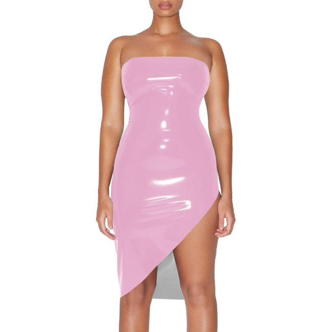 Plus Size Glossy High Street Tube Dress Sexy Strapless Irregular Bodycon Mid Dress for Nightclub Party Womens PVC Shiny Dresses