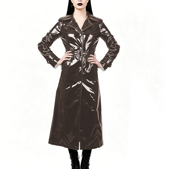 Chic High Street Glossy PVC Long Coat Womens Button-up Lapel Collar Belted Trench Coat Plus Size Outerwear for Nightclub Parties